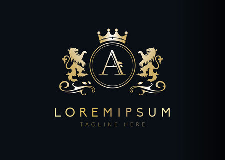 Heraldic lion initial letter A logo design. illustration of luxury royal A letter with floral, crown and lion emblem design. Sign symbol icon templateのイラスト素材