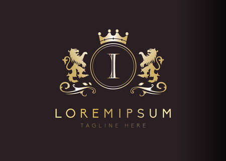 Heraldic lion initial letter I logo design. Vector illustration of luxury royal I letter with floral, crown and lion emblem design. Sign symbol icon templateのイラスト素材