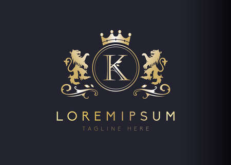 Heraldic lion initial letter K logo design. Vector illustration of luxury royal K letter with floral, crown and lion emblem design. Sign symbol icon templateのイラスト素材