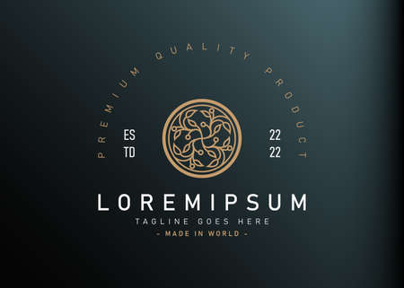 Circle nature plant monoline logo design. Vector illustration of circle shape with nature branch and leaf. Vintage logo design vector line icon templateの写真素材