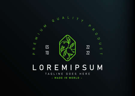 Nature plant monoline logo design. Vector illustration of hexagon shape with nature branch and leaves. Vintage logo design vector line icon templateの写真素材