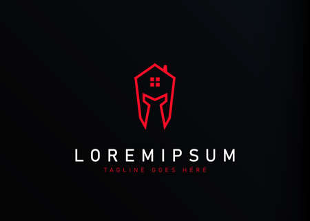Gladiator Helmet home logo design. Vector illustration of a combination of a house and a gladiator helmet. Modern line icon design templateのイラスト素材