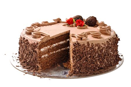 Fresh cream chocolate cake on isolated white backgroundの写真素材