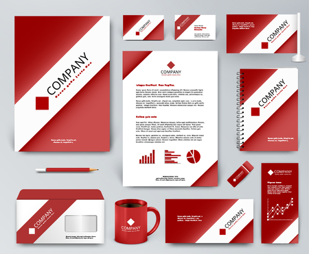 Professional universal branding design kit. White tape, ribbon on red backdrop. Corporate identity template. Business stationery mockup. Editable vector illustration: folder, mug, etc.のイラスト素材