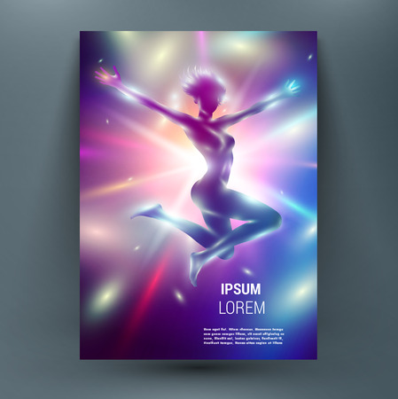 Abstract mock up composition with slim  woman on shining sun backdrop. Rays of light behind girl silhouette. Astral journey. Health care research. A4 brochure title sheet. First start page of book.のイラスト素材