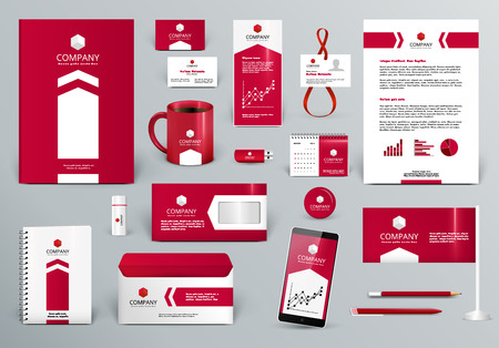 Professional red luxury branding design kit for real estate/investment. Premium corporate identity template. Business stationery mock-up. Editable vector illustration: folder, cup, etc.のイラスト素材