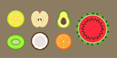 lemon, kiwi, apple, orange, coconut, avocado, watermelonのイラスト素材