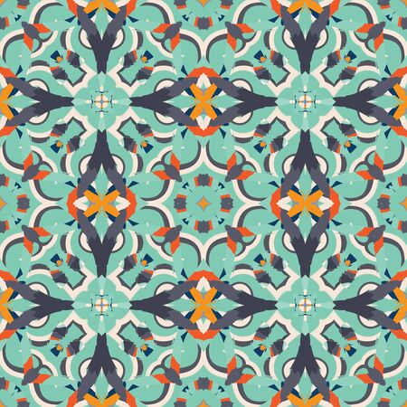 Abstract seamless pattern with geometric and floral ornaments, ethnic, boho style. Tile repeat.のイラスト素材