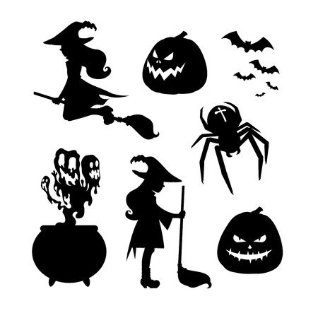Set of Halloween silhouettes. A witch with a broom, witch flying on a broom, evil pumpkin, cauldron potion, flock of bats, spider with a cross.のイラスト素材