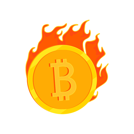 Cryptocurrency Bitcoin. The gold coin and fire vector icon. Extraction, mining virtual money.Burning coin, blazing money.のイラスト素材