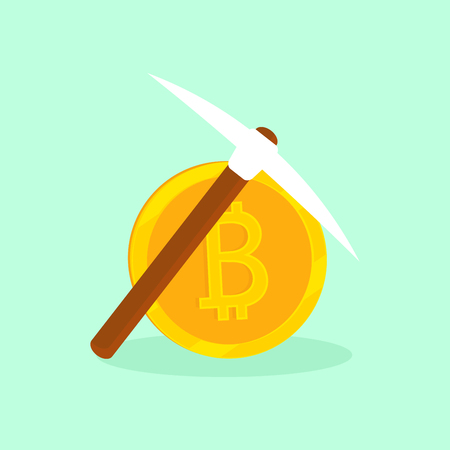Cryptocurrency Bitcoin. The gold coin and pickaxe in vector icon. Extraction, mining virtual money.のイラスト素材