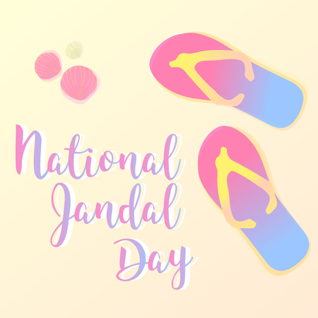 Vector greeting card National Jandal Day. Sandals on the beach, seashells and sand. New Zealand.のイラスト素材