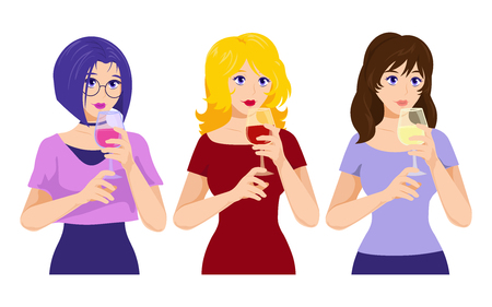 Vector type girls with wine. Evening, everyday, youth style. Women with a glass.のイラスト素材