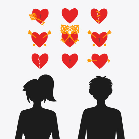 Set of vector hearts and silhouettes of a girl with a guy. Broken heart. The arrow is pierced by a heart. The glued heart. A lock on the heart.のイラスト素材