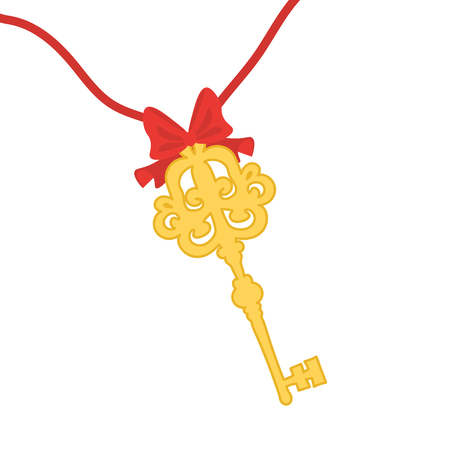 A vintage gold key is tied with a red ribbon with a bow.のイラスト素材