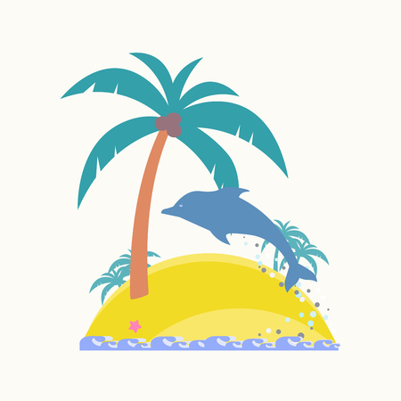 Tropical island. The dolphin jumps from the water. Waves at the shore. Vector flat. Tropical palm trees with coconut.のイラスト素材
