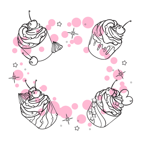 Sweet cake. Decorated sweetness. Dessert. Cupcake with powder. Sweet setのイラスト素材