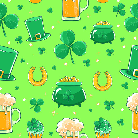 Vector pattern Saint Patricks Day. Green silk hat, flag Ireland, pot of gold coins, shamrocks, cupcake decoration clover, horseshoe and beer stein.のイラスト素材