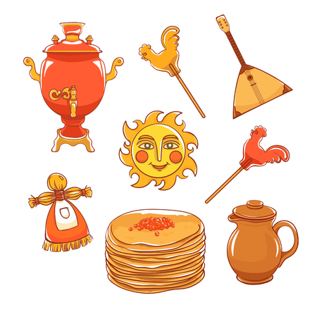 Maslenitsa set - slavic holiday carnival. Pancakes with filling, clay jug, slavic sun, balalaika, candy cockerel and red samovar.のイラスト素材