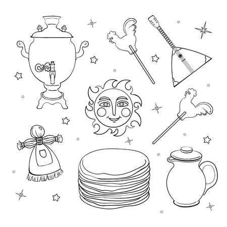 Maslenitsa line set - slavic holiday carnival. Pancakes with filling, clay jug, slavic sun, balalaika, candy cockerel and red samovar.のイラスト素材