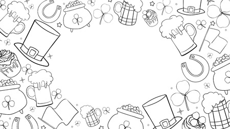 Vector line set Saint Patricks Day. Green silk hat, flag Ireland, pot of gold coins, shamrocks, horseshoe and beer stein.のイラスト素材