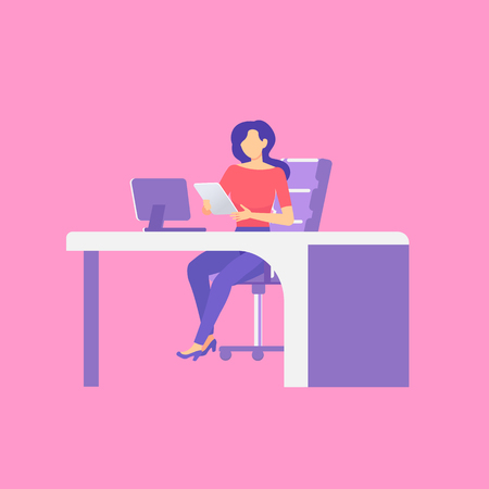 Workplace. A female boss sits at a desk. Tablet in the hands of a womanのイラスト素材