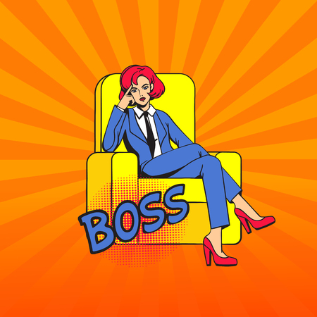 The girl sits cross-legged in the chair. Female boss with a stern thoughtful look. Pop art.のイラスト素材