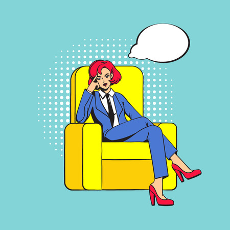 The girl sits cross-legged in the chair. Female boss with a stern thoughtful look. Empty thought cloud. Pop art.のイラスト素材