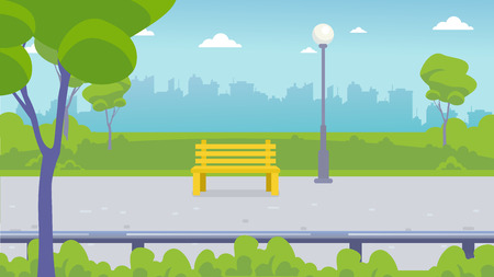 Bench and lantern in the city park. Landscape: park path, green lawn, trees, bushes, city on the horizon.のイラスト素材