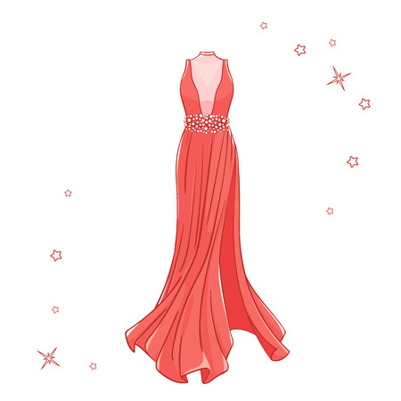 Model dress for prom, ball, solemn event. Ruffles and ornaments on the dress. Clothing design.のイラスト素材