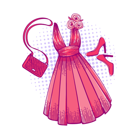 Model dress for prom, ball, solemn event. Ruffles and ornaments on the dress. Clothing design. Accessories: shoes and handbagのイラスト素材