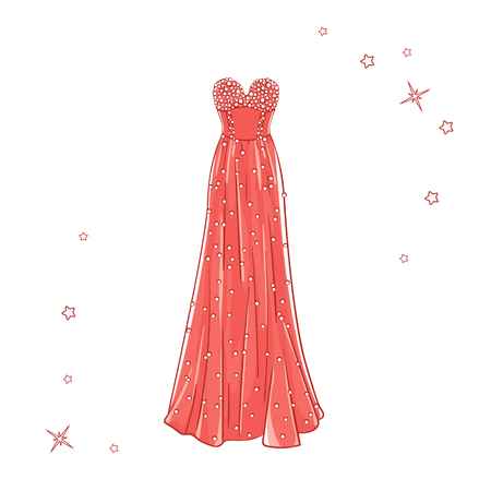Model dress for prom, ball, solemn event. Ruffles and ornaments on the dress. Clothing design.のイラスト素材
