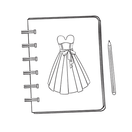 Sketchbook with a picture of a ballroom, prom, evening dress. Notebook with a picture.のイラスト素材