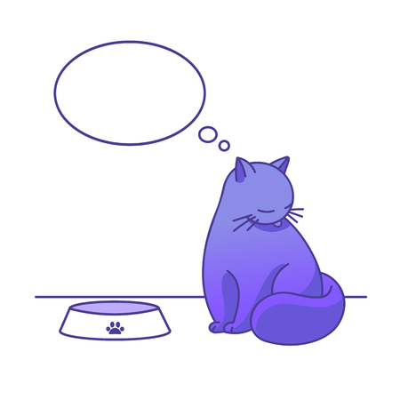 The cat washes next to a bowl, thinking about food. The pet wants to eat.のイラスト素材