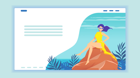 Website design. A woman sits on a stone by the sea, ocean. Tropical landscape.のイラスト素材