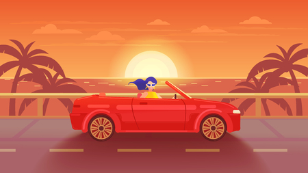 Tropical landscape. Poster. Woman riding a red cabriolet on the road to the sea at sunset.のイラスト素材