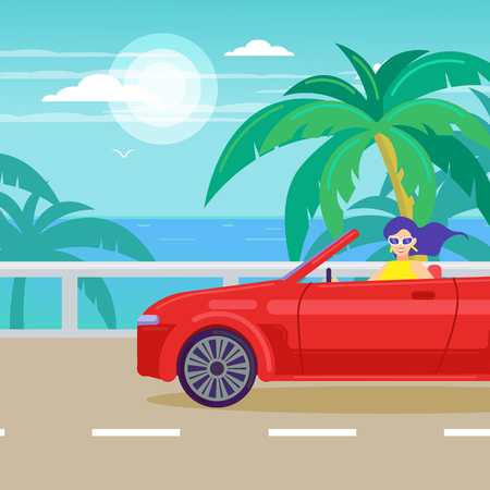 Tropical landscape. A woman rides a red cabriolet on the way to the sea.のイラスト素材
