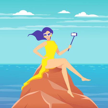 A woman takes a selfie, videotaping with the help of a selfie stick against the background of the sea landscape.のイラスト素材