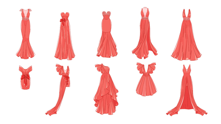 Set of different dresses. Modern and classic style. Dresses for prom, gala evening, wedding, masquerade, points.のイラスト素材