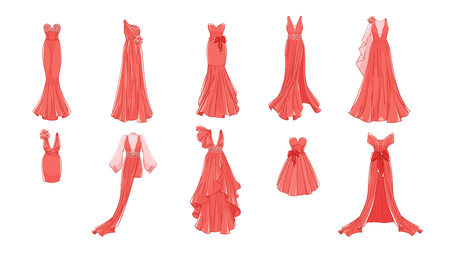 Set of different dresses. Modern and classic style. Dresses for prom, gala evening, wedding, masquerade, points.のイラスト素材