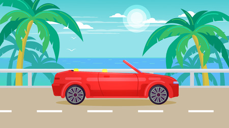 Vector scene of the road to the sea. Sea view. Tourist trip. The car goes to the ocean.のイラスト素材