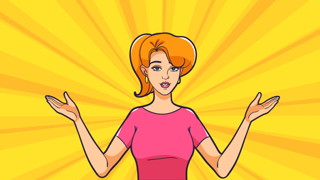 The woman spread her arms to the side. Pop art poster. A good-natured woman points at something with her hands. Satisfied with the result.のイラスト素材