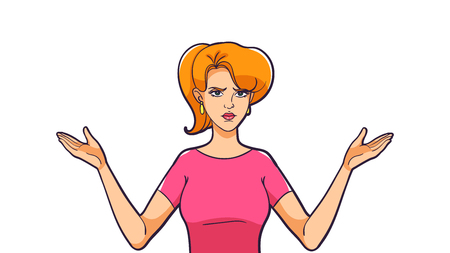 A woman spread her arms to the sides on white background. Unwitting facial expression. A woman is not happy with the result.のイラスト素材