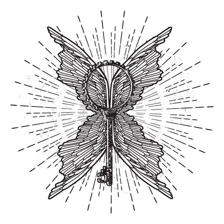 Vintage vector flash tattoo, sticker, patch. Key with wings and raysのイラスト素材