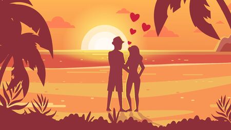 Romantic date, meeting at sunset. Lovers on the seashore watching the sunset. Honeymoon Tropical nature.のイラスト素材