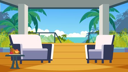 Furnished veranda in a tropical hotel. Rental housing in the journey to the sea. Terrace overlooking the sea, palm trees, fruits.のイラスト素材