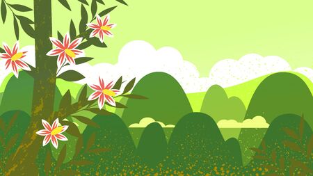 Mountain landscape. Clouds at the top of the mountain. Rocky terrain Blooming tree on the tops of highlandsのイラスト素材