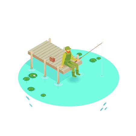 Isometric vector vacation on the lake. Pier on the lake, river, pond. Fisherman fishing on the pier. A man with a fishing rod sitting on the pier.のイラスト素材