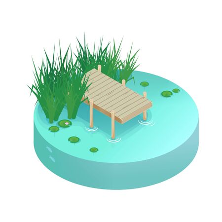 Isometric vector vacation on the lake. Pier on the lake, river, pond.のイラスト素材