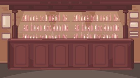 The interior of the bar. Pub with alcoholic drinks. No people. Retro wooden table. Retro style background. Brown wooden bar. Bar table.のイラスト素材